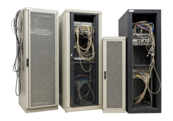 A set of three server racks with visible wiring and components on a white. Isolated transparent background (cut-out PNG file). Topics: technology, data center, network, IT, electronics, computing.