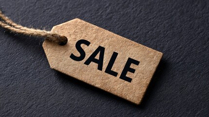 Brown cardboard tag with SALE in bold black letters attached with a rustic twine string on a dark textured surface
