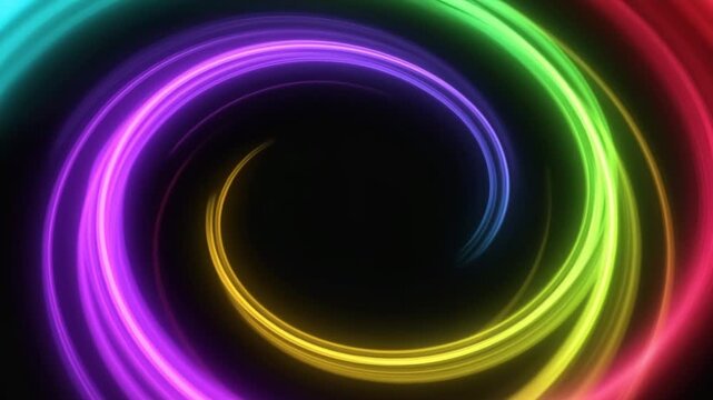 Vibrant neon arcs in purple, yellow, green, and blue forming a glowing swirl against a dark backdrop.