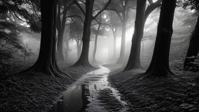 Atmospheric black-and-white image of a forest path disappearing into dense mist, creating a mysterious and moody scene.
