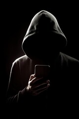 unknown man in dark hoodie with phone in his hand on black background, phone scammer, vertical