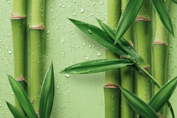 Obraz premium Lush green bamboo stalks and leaves arranged symmetrically against a pastel green background speckled with water droplets, creating a refreshing, spa-like aesthetic