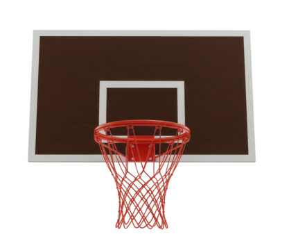 A basketball hoop and brown backboard. This sports equipment is for basketball, sport, game, competition, recreation, outdoor activity.Isolated transparent background ( cut-out PNG file ).