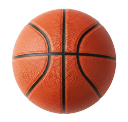 Fototapeta premium An orange basketball with black seams and a pebbled surface on a white background. Isolated transparent background (cut-out PNG file). Sports, Basketball, Game, Recreation, Equipment.