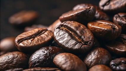 Naklejka premium Roasted Coffee Beans Close-Up: Aromatic Texture and Rich Brown Colors, Perfect for Coffee Lovers and Gourmet Food Concepts.