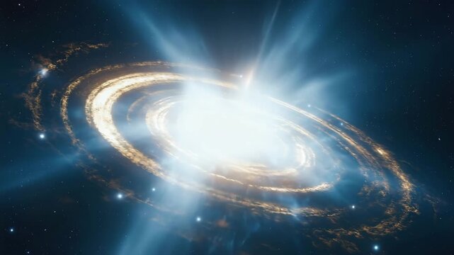 Massive spiral galaxy with luminous central core emitting intense light, surrounded by swirling cosmic dust and stars in deep space.