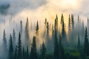 Obraz premium A misty forest with tall pine trees and sun rays breaking through the fog