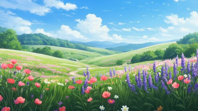 Vibrant field filled with blooming wildflowers, rolling green hills, and a winding path beneath a sunny, cloud-filled summer sky.