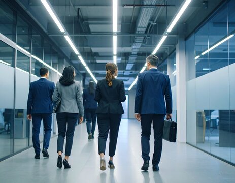 Business Professionals Walking Down Modern Office Corridor, Teamwork Concept - Powered by Adobe