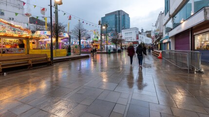 Fototapeta premium Colorful twilight fairground with vibrant attractions, illuminated lights, and a wet pavement reflecting the lively atmosphere, featuring a spacious outdoor setting with few visitors and copy space o