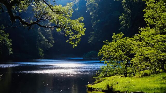 Peaceful river flowing through dense green forest, with sunlight reflecting on calm water.
