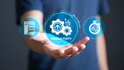 Blue digital icons showing checklist gears and stopwatch over hand image