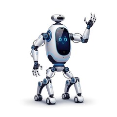 A friendly, white robot with a screen face, raising its hand in greeting, isolated on white.