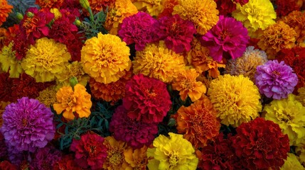Dense display of colorful marigold flowers in shades of yellow orange red pink and purple