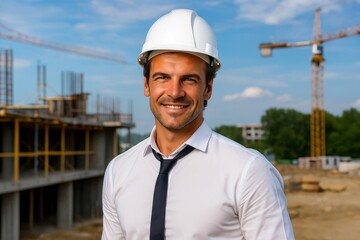 Confident Construction Manager Smiling on Site with White Hard Hat and Blue Skies Above
