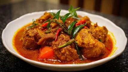 Fototapeta premium Dish of chicken curry in a white bowl garnished with chilies and curry leaves on a black surface