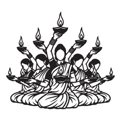 Spiritual Group Meditation Scene – Hand-Drawn Ink Illustration