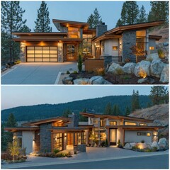 Obraz premium Modern mountain home, twilight view. Two-story home with contemporary design, showcasing a mix of materials like wood and stone