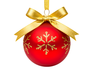 Red Christmas ball with a beautiful bow and a golden pattern. christmas design isolated on transparent background.