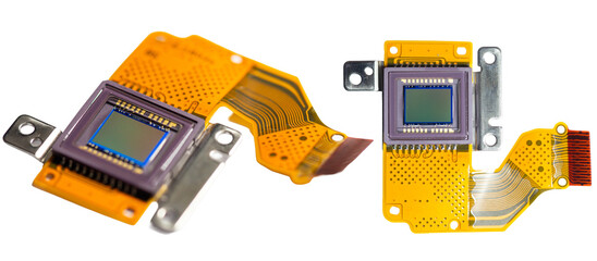 Image sensor spare parts in a digital camera on a white background.