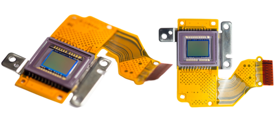 Image sensor spare parts in a digital camera on a white background.