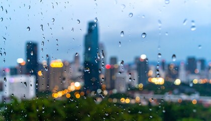 Naklejka premium Cityscape through rainstreaked window