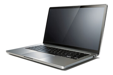 Silver laptop computer with a black screen displayed on a white background in a studio setting