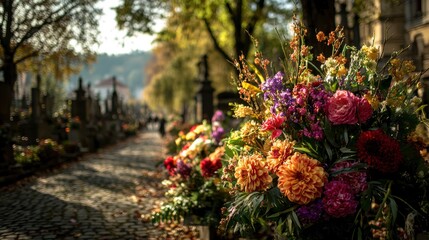 Fototapeta premium Flowers in a cemetery a row of tombstones visible in soft focus background