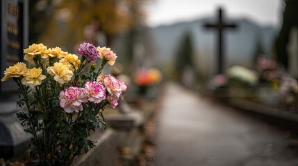 Flowers in a cemetery with a cross in the background create a somber reflective scene