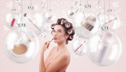 Happy Christmas Woman Applying Lipstick – Advertising Banner for Beauty Shopping and Festive Gift Ideas