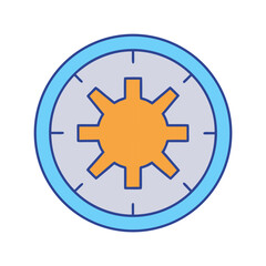 Stylized cogwheel inside a circular frame with tick marks