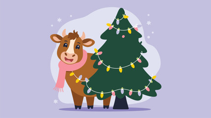 Cartoon Cow Wearing Scarf with Christmas Tree Decorated with Lights Wishes Happy Holiday Season