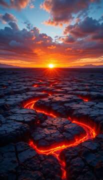 Fiery Sunset Over Lava Fields: Captivating Beauty of Volcanic Landscapes	