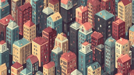 dense and colorful illustration of urban homes with various geometric facades and rooftops in perspective. colorful rooftops urban illustration geometric perspective artful design city houses 