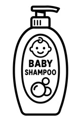 Obraz premium A cartoon graphic of a baby shampoo bottle with a pump dispenser and a baby face on the label, representing gentle and safe products for infant care.