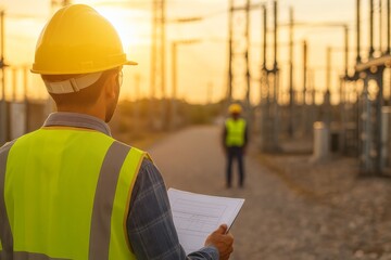 Power Plant Engineers Reviewing Plans at Sunset for Energy Infrastructure Improvements and Efficiency Updates