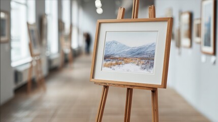 Painting Of A Mountain Landscape On An Easel In An Art Gallery. Showcasing Artistic Expression And Creativity