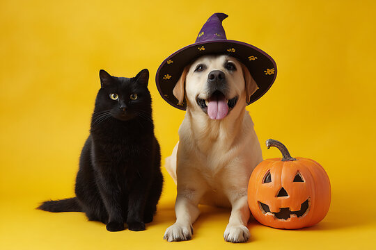 A cheerful black cat and a playful Labrador retriever in Halloween hats beside a carved pumpkin