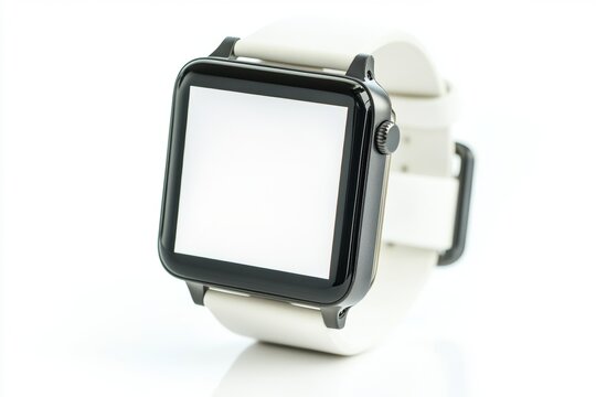 A modern smartwatch with a blank white screen, floating in the center, soft reflections, ultra-detailed lighting, isolated on a clean white background.