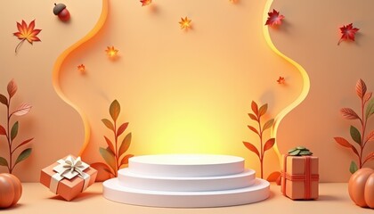 3d illustration of autumnal scene with a white podium, decorated with fall leaves, acorns, pumpkins, and gift boxes, evoking a festive harvest season atmosphere