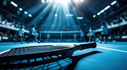 closeup of sleek padel racket on vibrant court, showcasing excitement of game