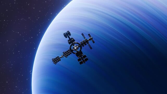 A Futuristic Space Station in the orbit of a Blue Gas Giant Exo Planet CGI 3D Animation