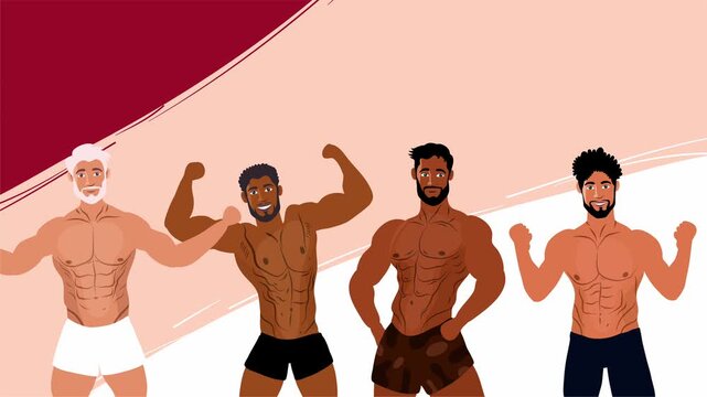 Vector of four shirtless men posing and flexing muscles together for Indonesia independence day celebration