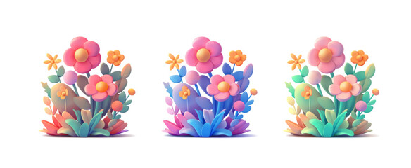 Set of colorful flowers, 3D. Compositions of wild flowers, daisies with leaves and buds. For design concepts of celebrations, greetings. Vector illustration.