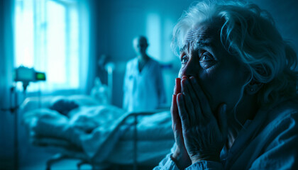 절망적인 병실의 한 순간 놀라는 여인