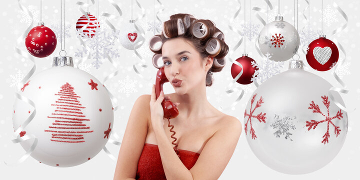 Happy Christmas Woman with vintage Phone. Advertising Banner for Holiday Shopping and Festive Gifts Ideas