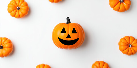 Halloween pumpkin with smiling face surrounded by small orange pumpkins on white background, creating festive and cheerful autumn atmosphere