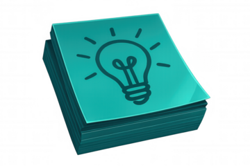 Turquoise sticky notes stacked with hand-drawn lightbulb, symbolizing creative brainstorming process against clean transparent backdrop