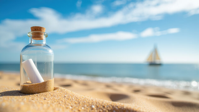 Message in bottle rests on sandy beach, with sailboat in distance under clear blue sky, evoking sense of adventure and tranquility