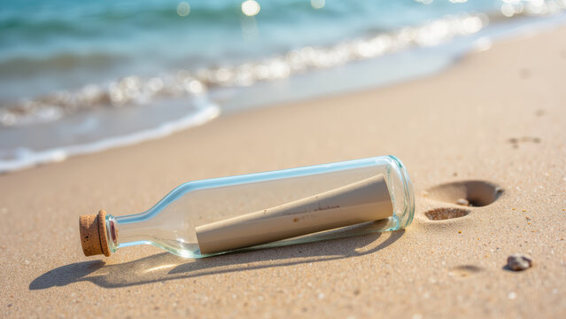Glass bottle with cork lies on sandy beach, containing rolled up message. gentle waves lap at shore, creating serene atmosphere